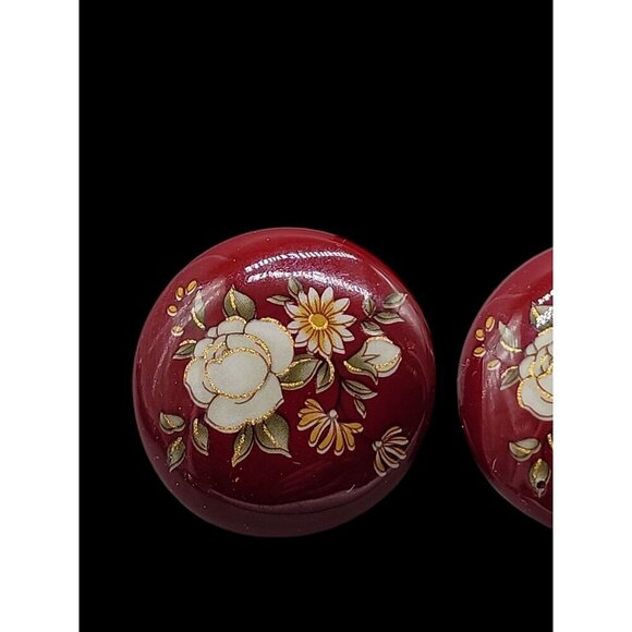 Cherry Red Enamel Clip On Earrings Hand Painted Vintage Floral Design - Picture 10 of 10